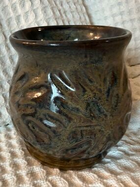 Artisan signed Handcrafted textured Glazed Studio Pottery Vase Leaf Imprint